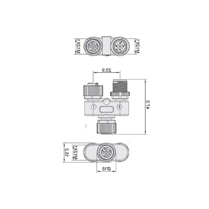 M12 5Pin母头/M12 5Pin公头+M12 5Pin母头、Tee joint、644443