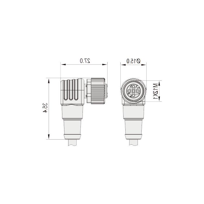 M12 4Pin female 90°, IP 69K-ECOLAB, food grade, single-end precast PUR flexible cable, black sheathed, 64E041-XXX